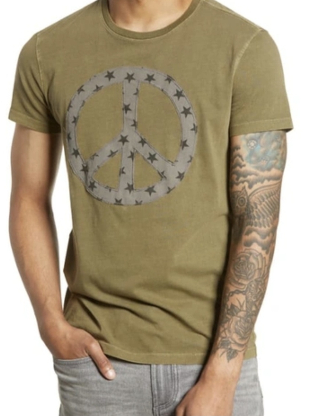 John Varvatos USA Grunge Olive Green Distressed Grey Peace Sign Stars T Shirt XL